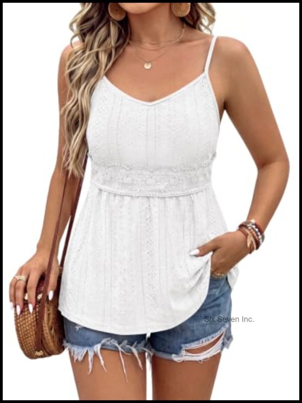 Women's Lace Eyelet Babydoll Tank Top Spaghetti Strap V-Neck Summer Blouse
